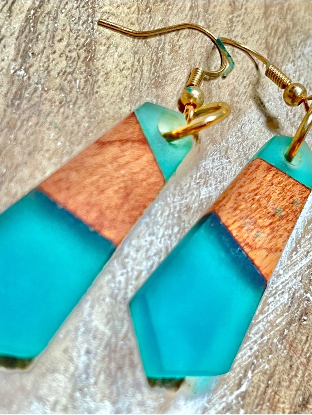 Handmade Turquoise Wood and Resin Drop Earrings with Gold Hooks by Elegantique